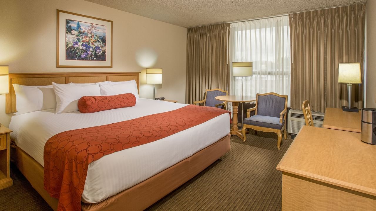 Bed in modern hotel room