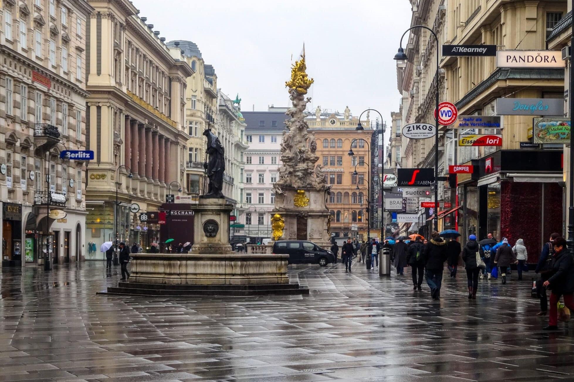Spaziergänger in Wien bei Regen am Graben mit Pestsäule und historischer Architektur.