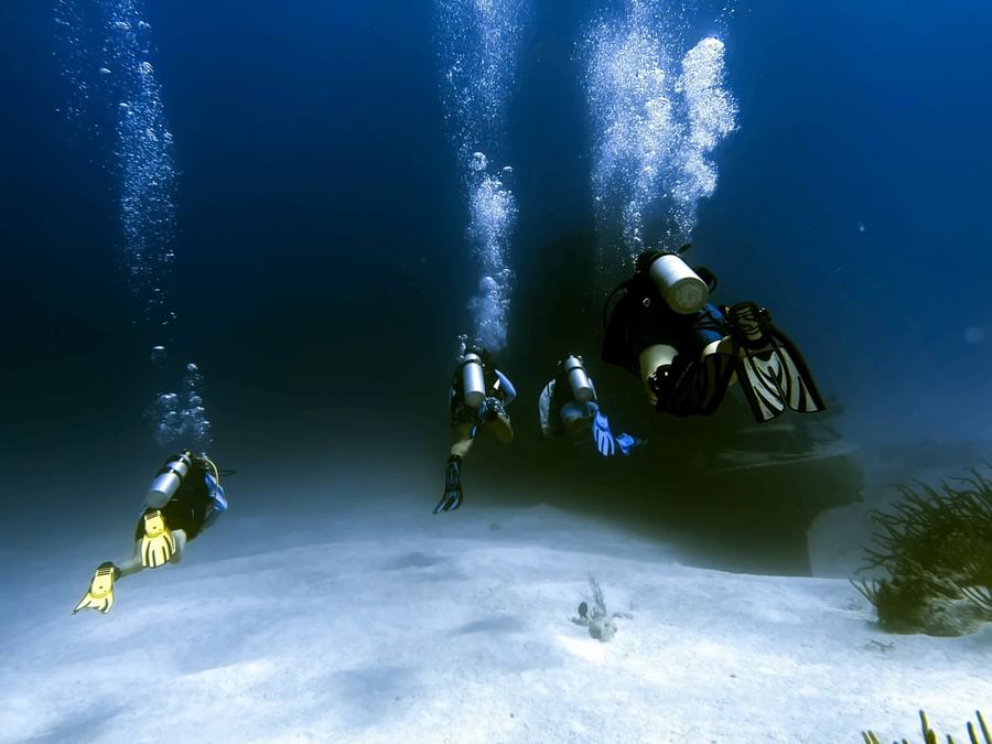 Divers by the sandy floor under deep blue water surrounding rising bubbles near Warwick Paradise Island Bahamas