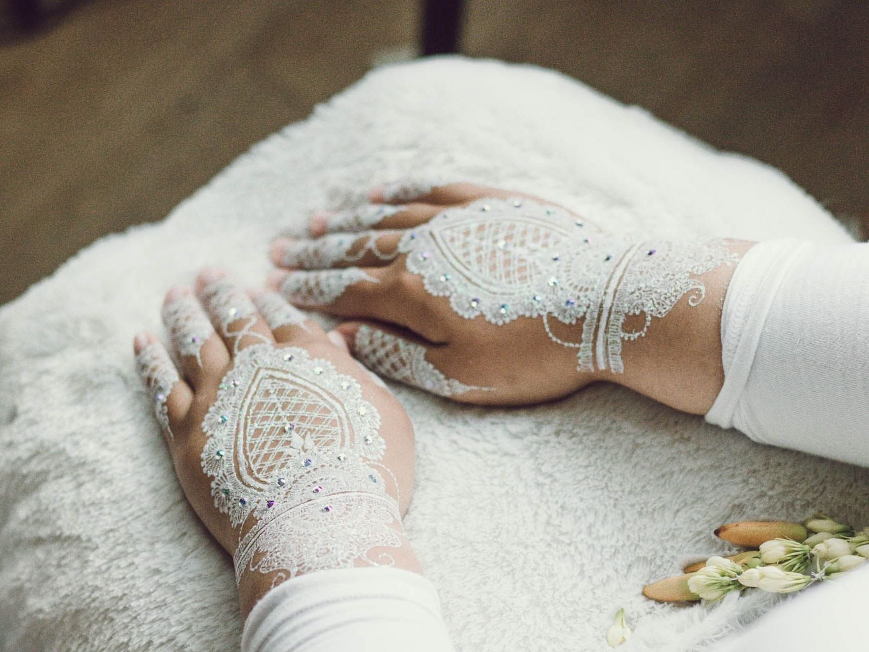 Close-up of Bride's hand with white henna, featuring a Chinese Wedding at Saujana Hotel Kuala Lumpur