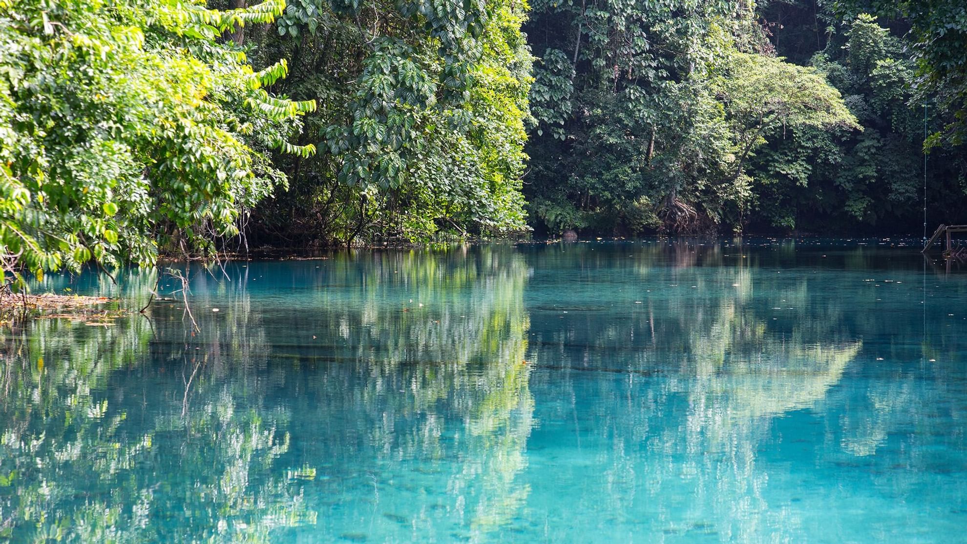 Serene turquoise lake surrounded by lush green foliage Featuring Vanuatu blue hole near Warwick Hotels and Resorts