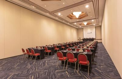 Classroom set-up in Arion Room with projector screen and carpeted floors at Hotel Los Delfines & Casino