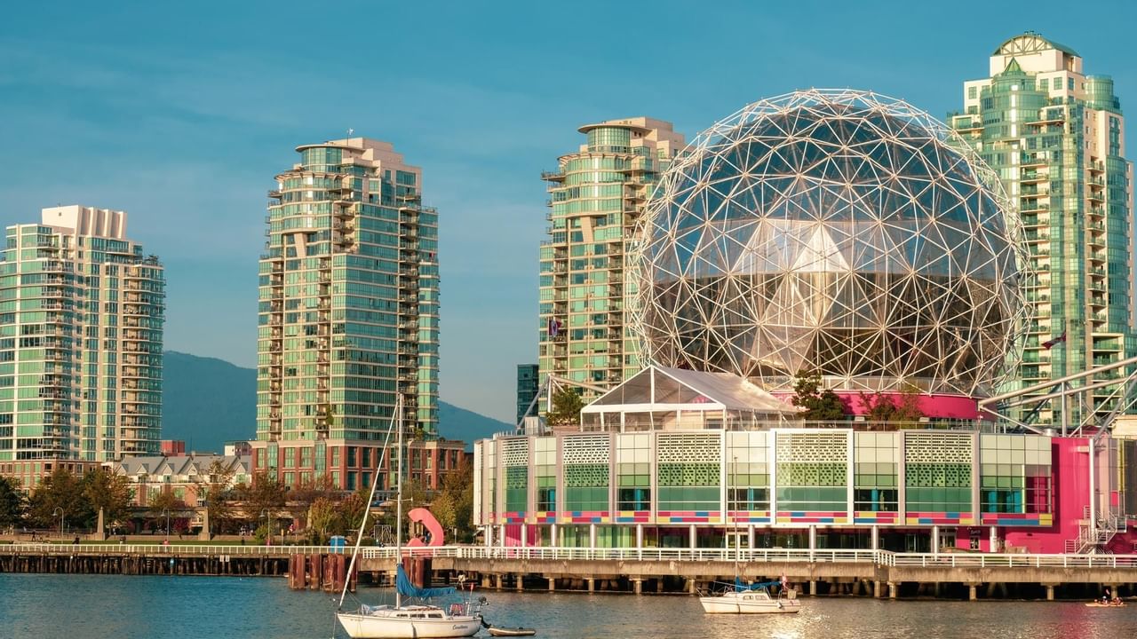 View of Telus World of Science from across the harbour