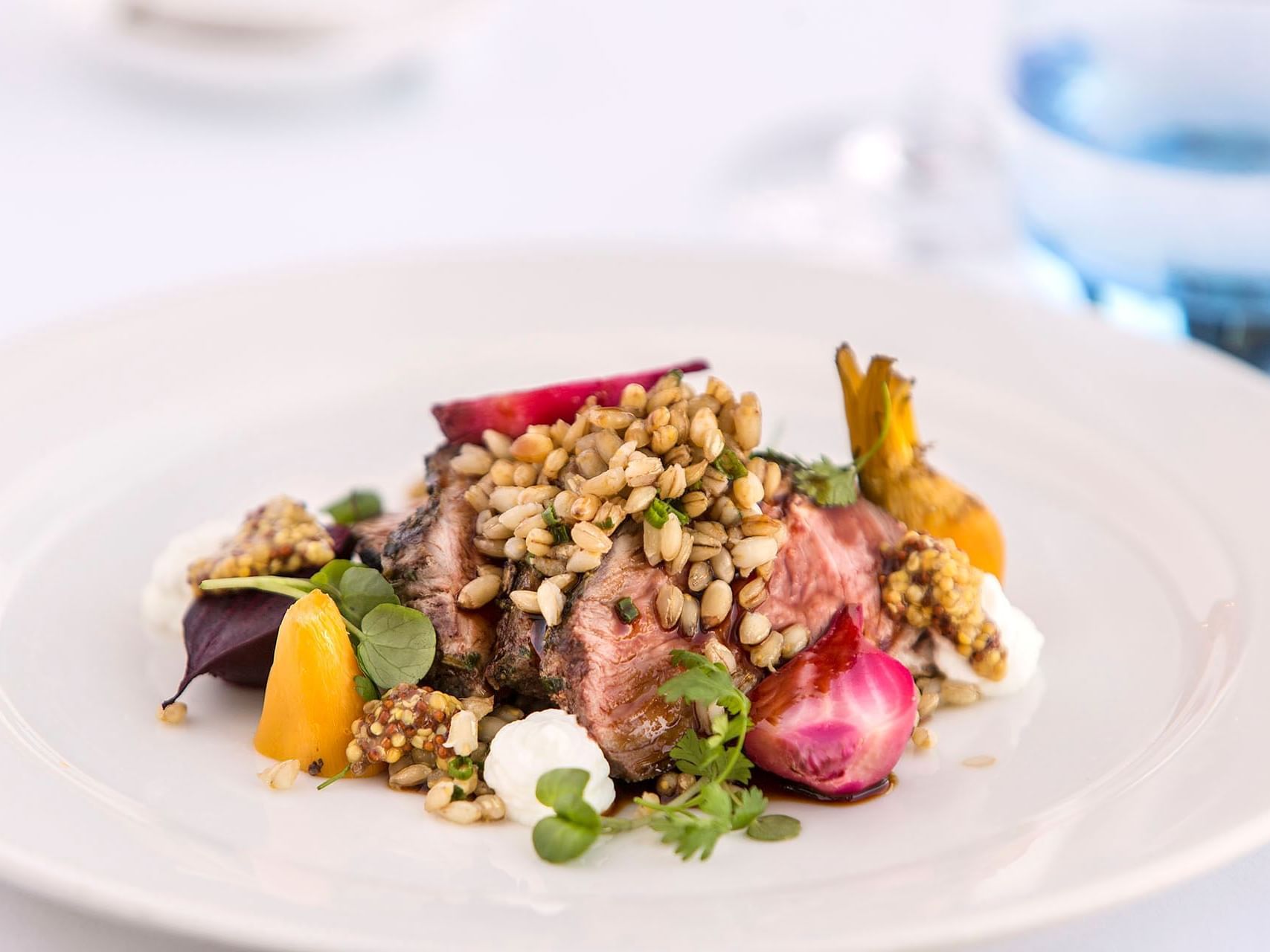 A steak dish served in Frescos Restaurant at Hotel Grand Chancellor Brisbane