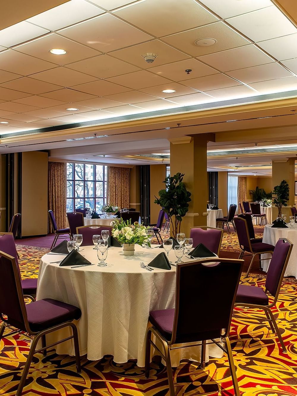Capitol Ballroom at Warwick Denver with purple chairs by round tables under a bright tray ceiling