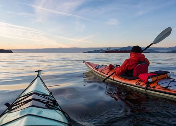 Landscape view of a man kayaking on the sea near Sebasco Harbor Resort