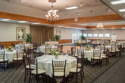 Event space decorated for a wedding reception