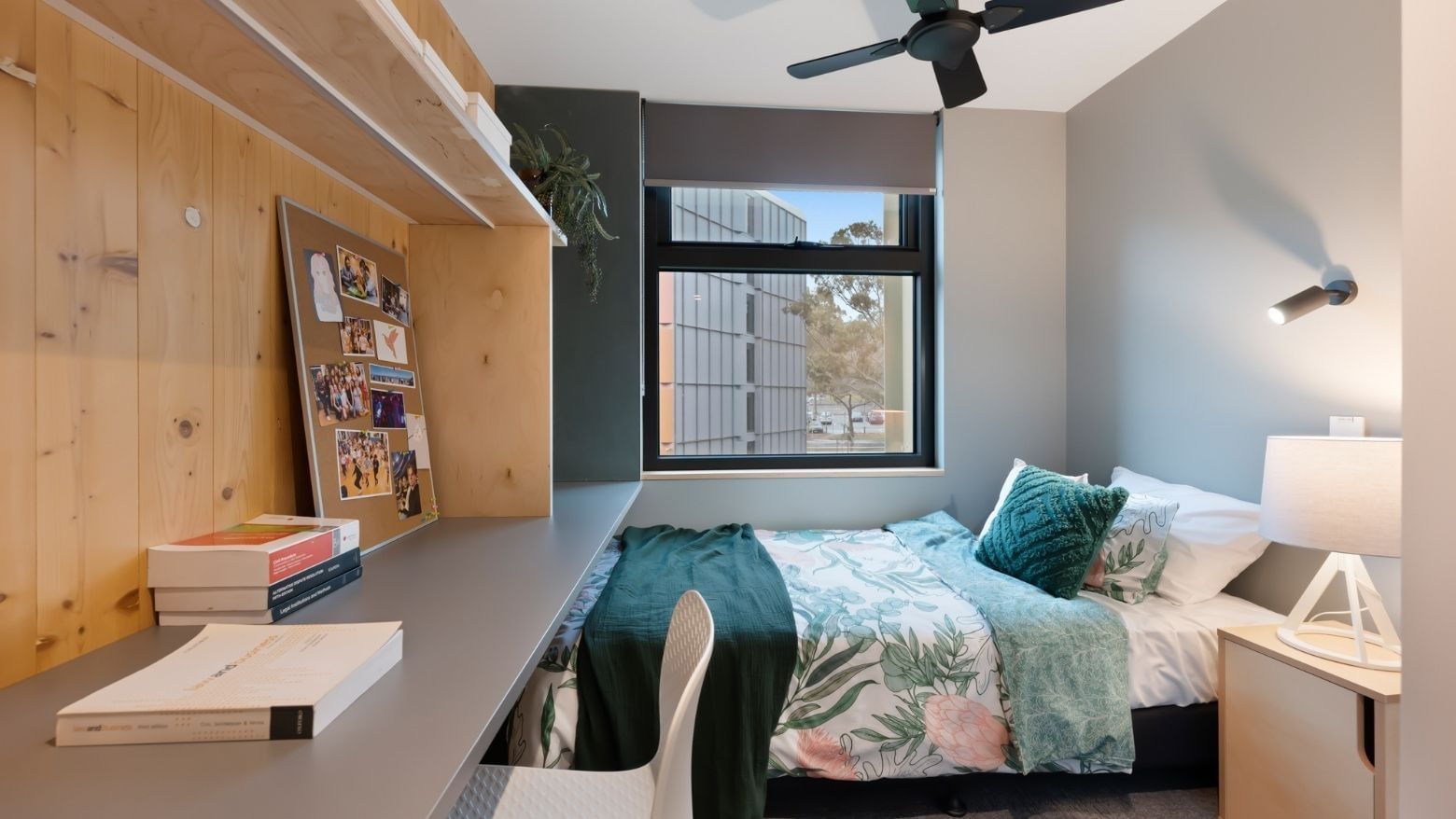 La Trobe University - North and South Apartments bedroom with desk and bed.