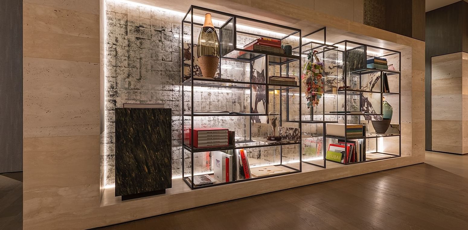 Hotel lounge shelf decoration at Fendi Private Suites
