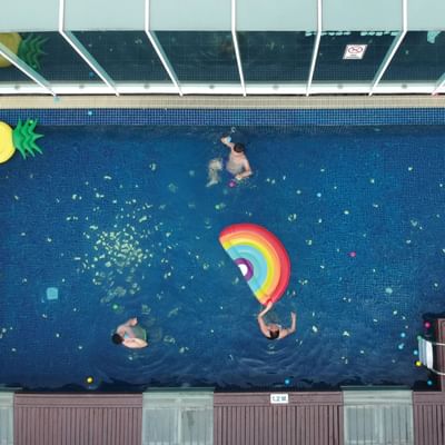 drone photo children play in the pool at Dream Thailand Bangkok