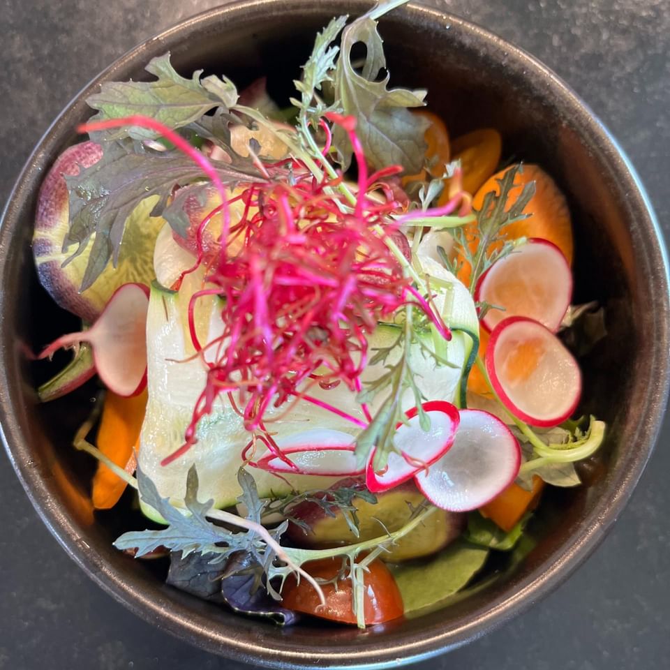 Top view of bowl of salad served in Osteria 31, one of the best restaurants in Lausanne at Starling Hotel Lausanne