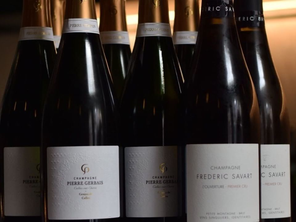Close-up of Champaign bottles at The Sparrow Hotel