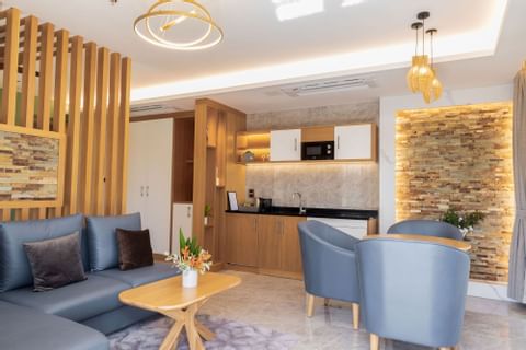 Kitchen & living area in Villa Suite at Golden Rock Resort