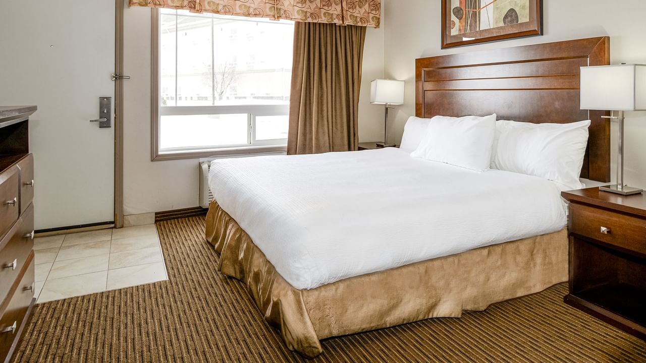 Accessible hotel room with king bed and a large window