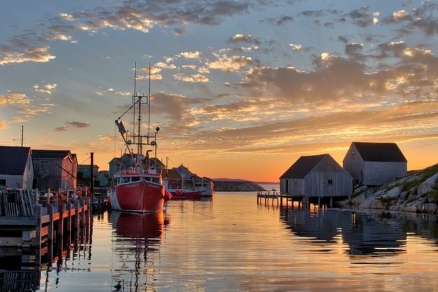 Canada, Nova Scotia, Peggys Cove. Fishing gear and harbor