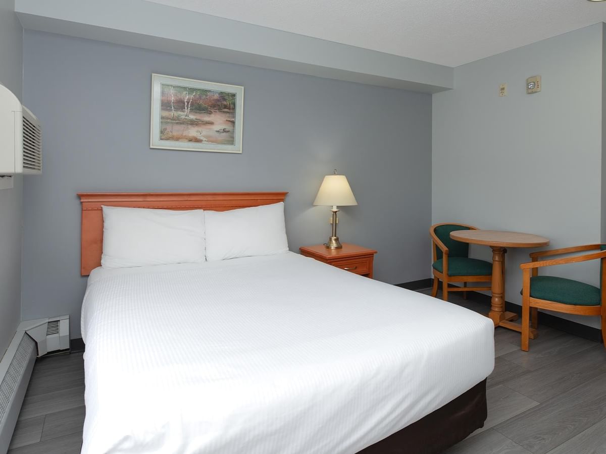 Coast Queen Pet Friendly room with queen bed, wooden furniture, and seating area