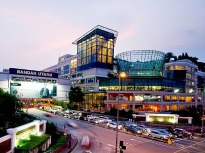 Exterior view of 1 Utama Shopping Centre & streets at night near One World Hotel