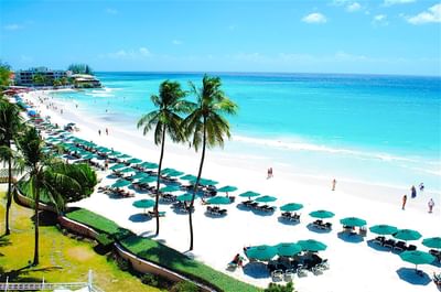 Aerial view of sunbeds and patio umbrellas lined by the beach on a sunny day at Accra Beach Hotel & Spa