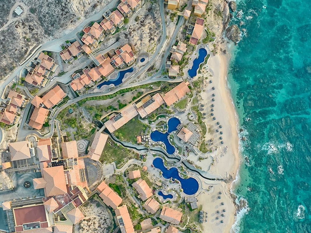 Aerial view of the hotel & the beach at La Colección Resorts
