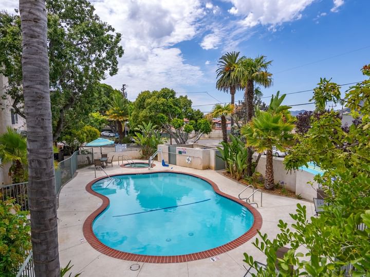 A kidney-shaped swimming pool with a red brick border surrounded by palm trees and other greenery under a cloudy blue sky.