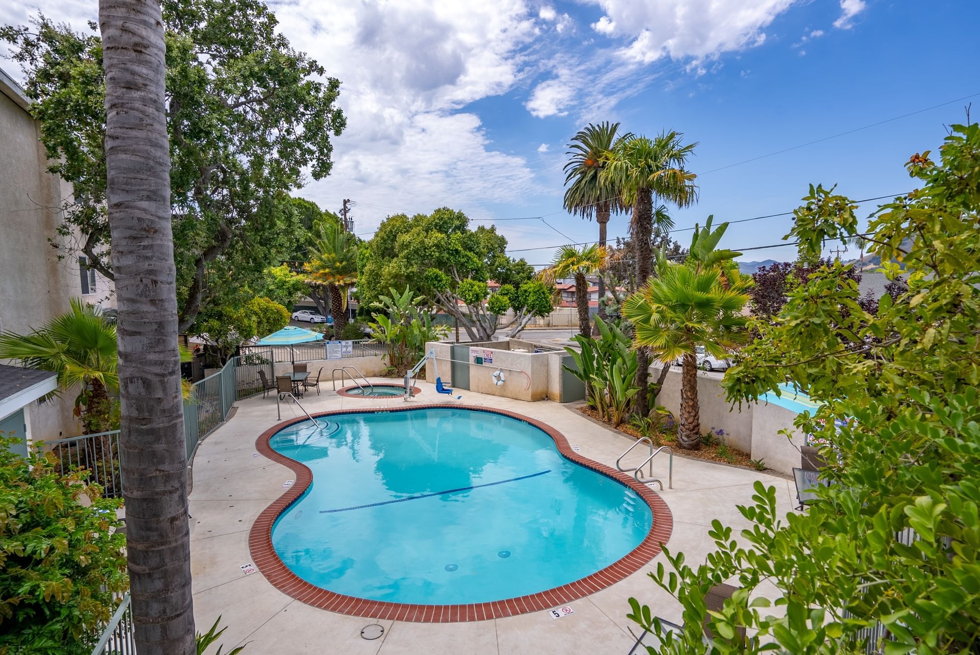 A kidney-shaped swimming pool with a red brick border surrounded by palm trees and other greenery under a cloudy blue sky.