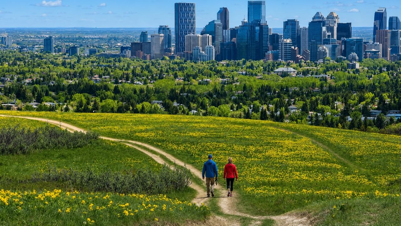 Two hikers walking a trail through wildflower meadows with city skyline views at Nose Hill Park