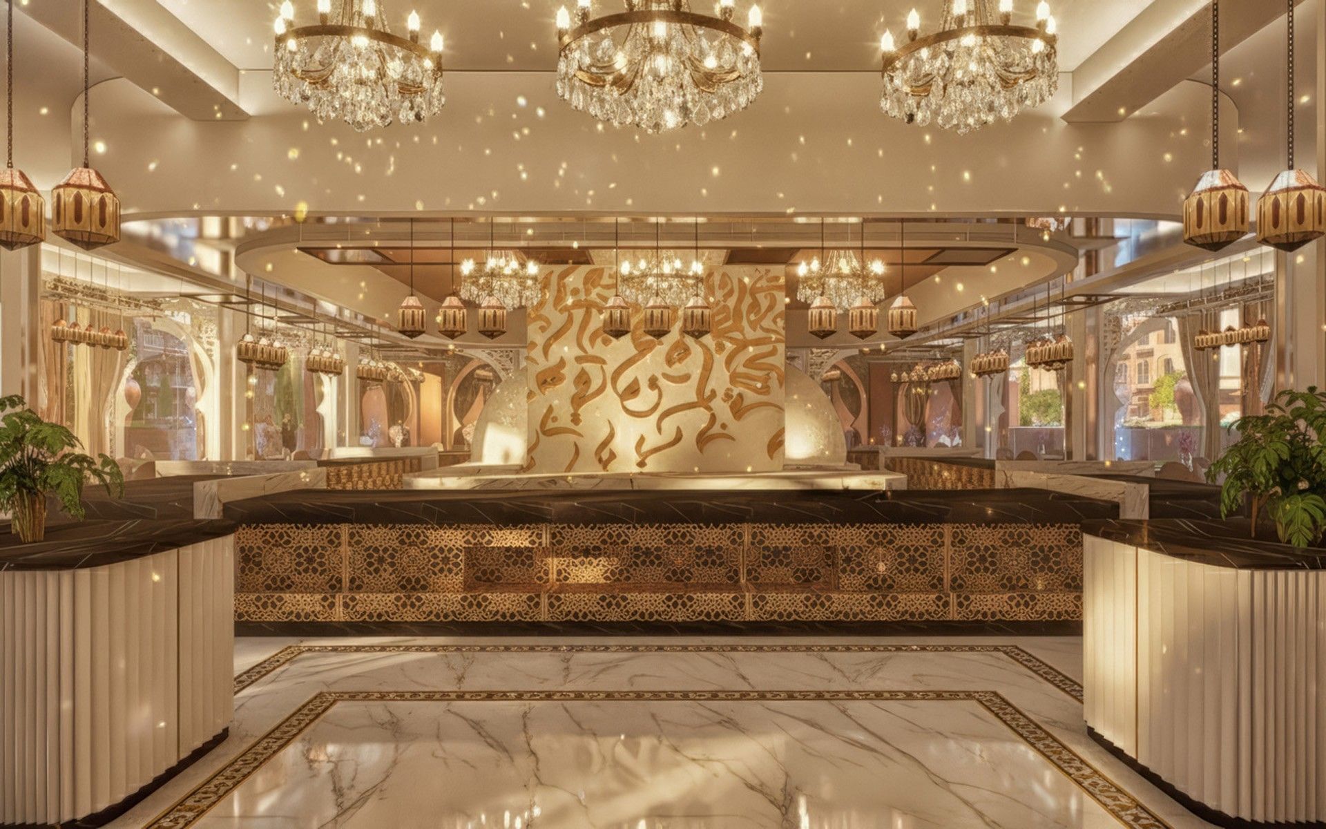 Ornate reception desk under chandeliers in the Italian Restaurant at Palmereia Golf Palace, an elite hotel in Marrakech