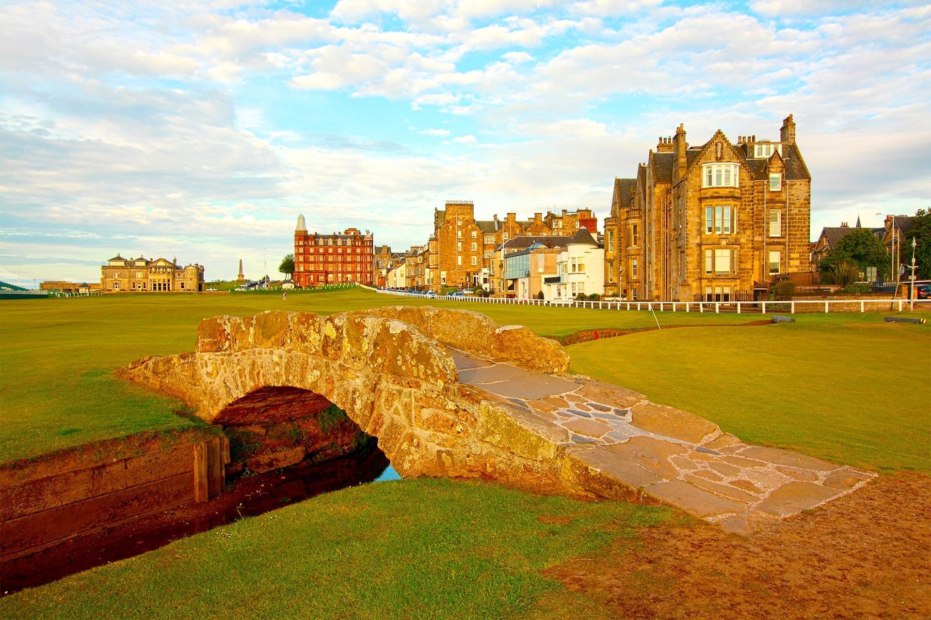 Old Course with Stone bridge over a ditch and golf course near Hotels Fife Scotland