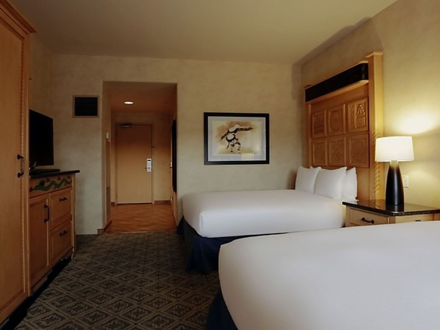 Interior of the Two Queen Beds room at the Hilton Santa Fe Buffalo Thunder Hotel in New Mexico.