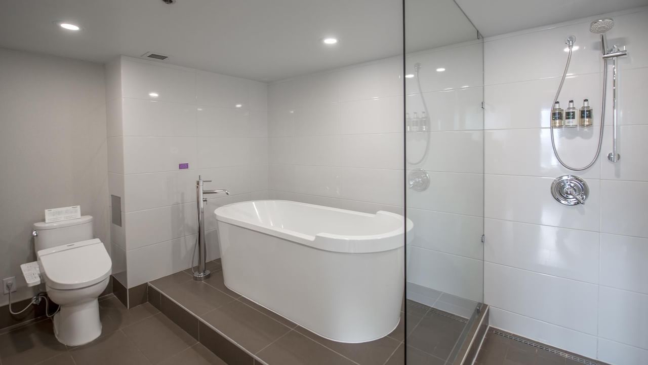 Bathroom with bathtub and shower.