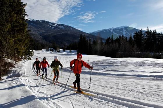Four cross-country skiers glide through snowy trail surrounded by trees and mountains at Aava Whistler