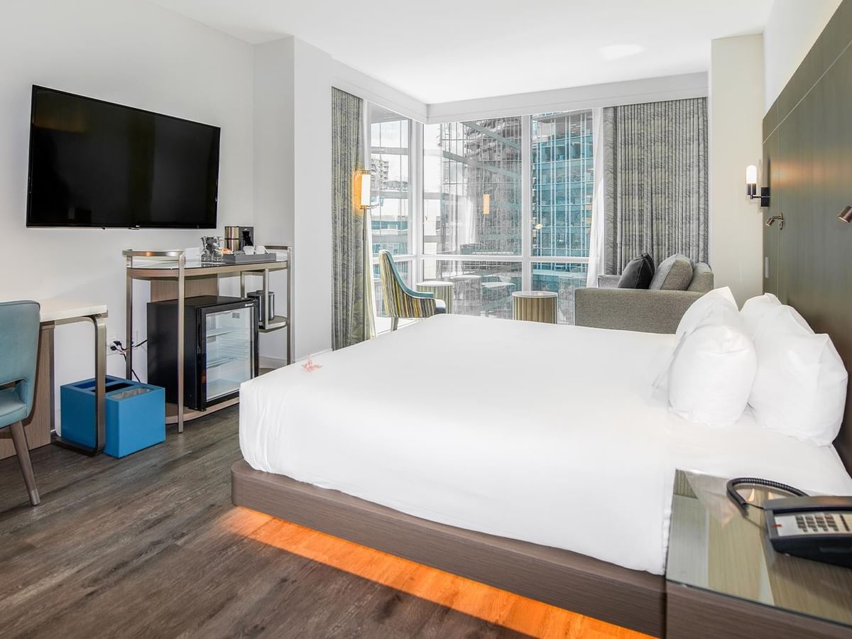 A large, well-furnished accessible king room with a view.