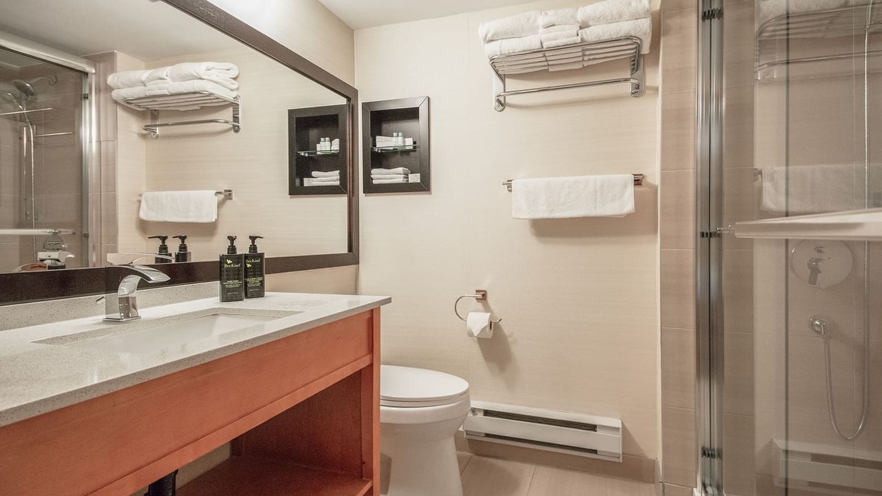 Hotel washroom with toilet, shower, sink, soap and towels