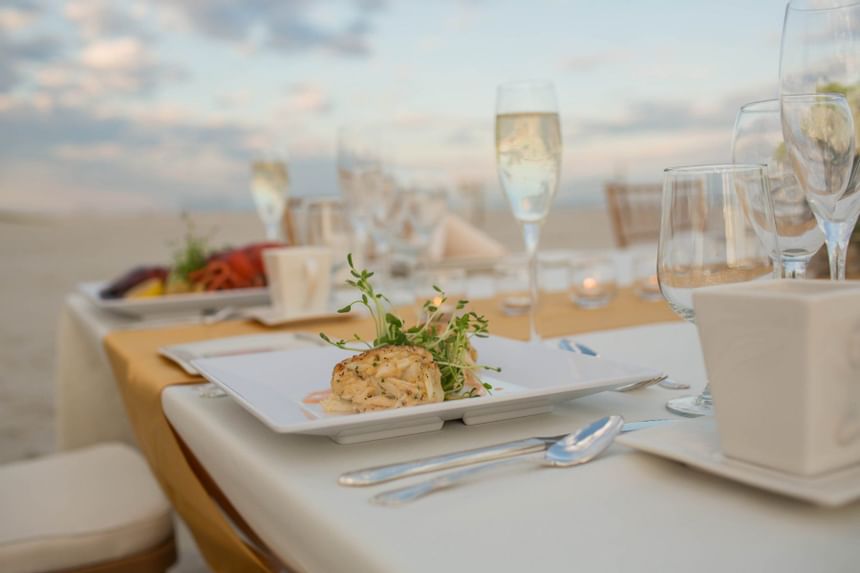 Dinner served beachside for a wedding at our Diamond Beach wedding venue