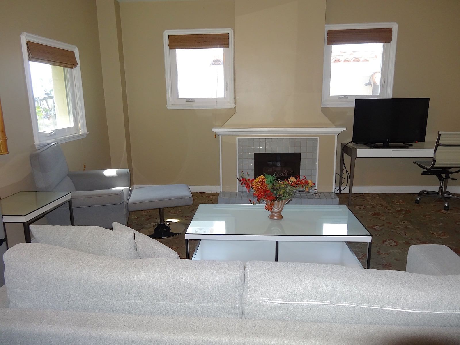 couch overlooking fireplace
