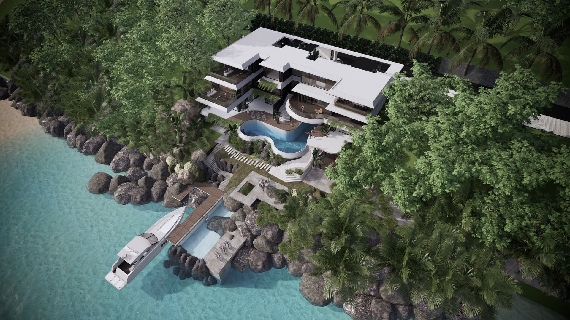 Aerial view of multi-level luxury Assos Villa, with large windows, balconies, and a private boat dock at A'ila Villas