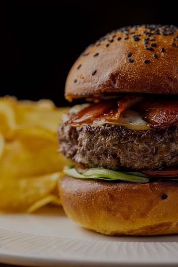 Close-up of a served beef burger at EMME Restaurant