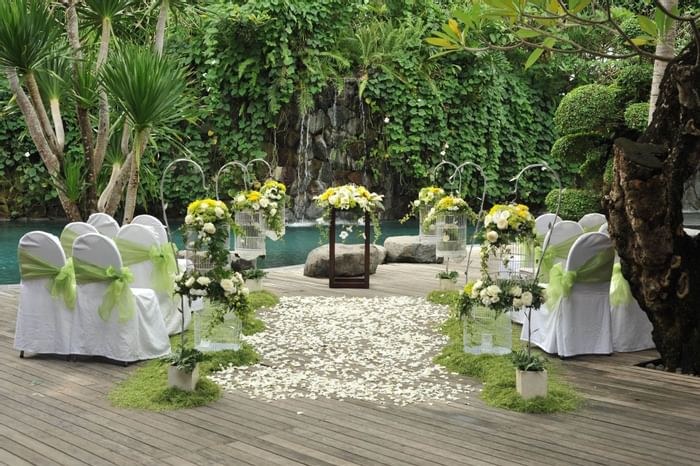 View of a wedding at main pool at Peppers Seminyak