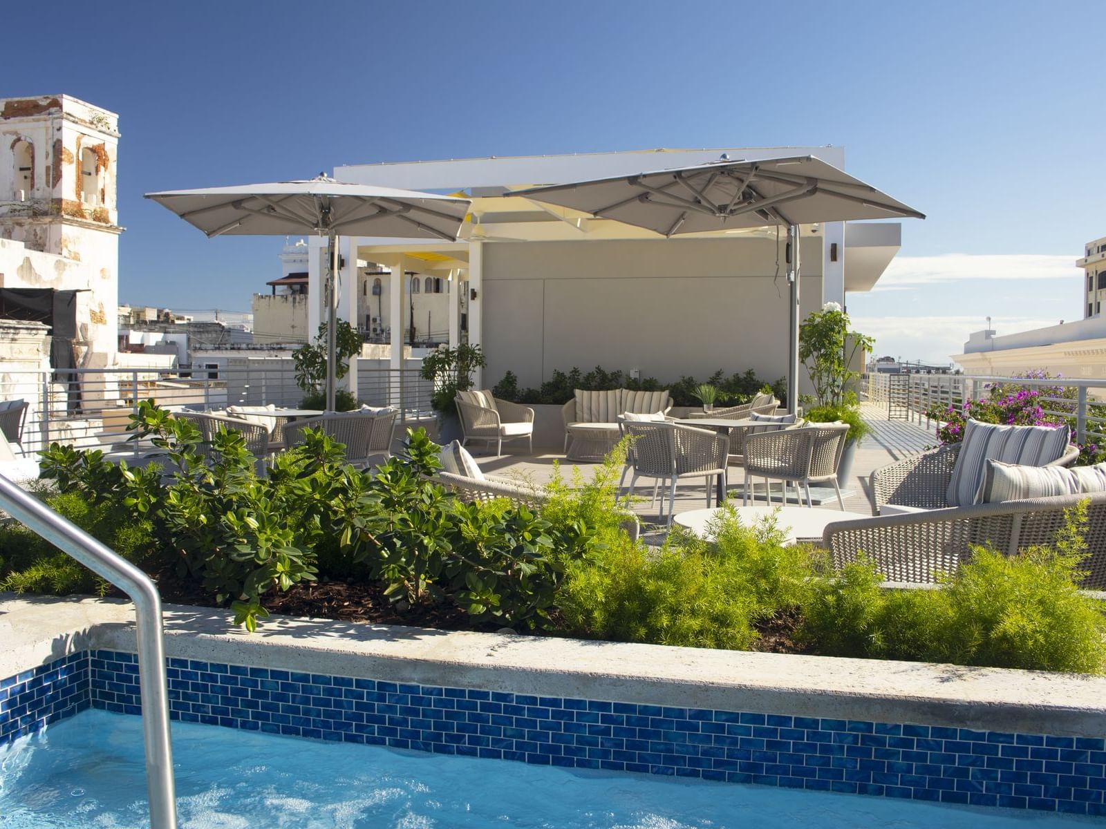Outdoor pool with patio and furniture