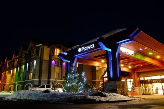 Exterior night view of the hotel at Aava Whistler Hotel