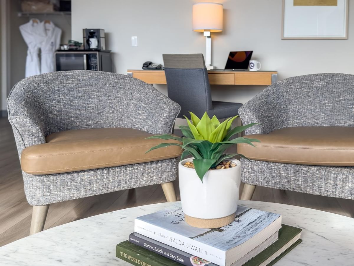 Chairs, books, and a potted plant on a table.
