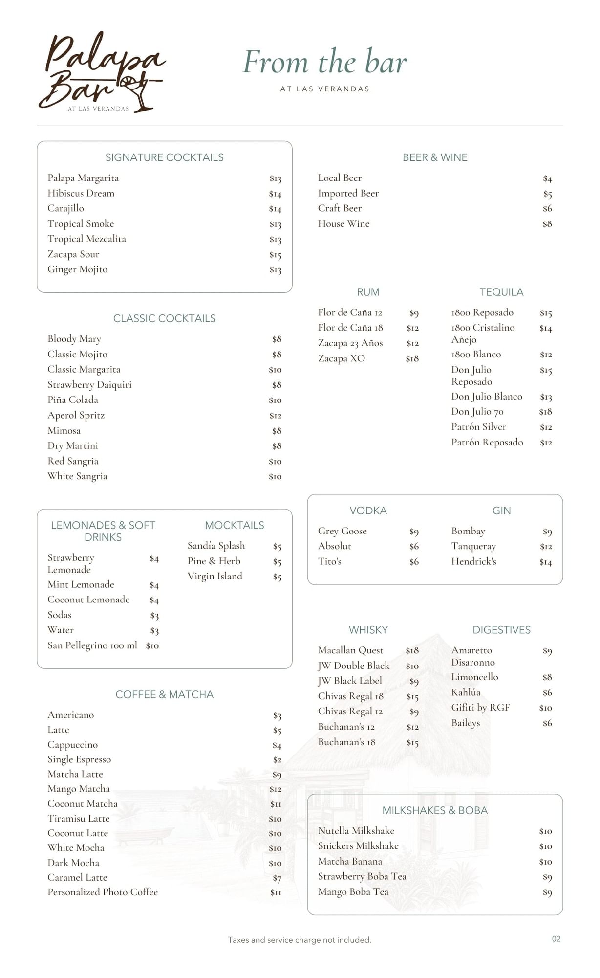 Palapa Bar menu — page 2