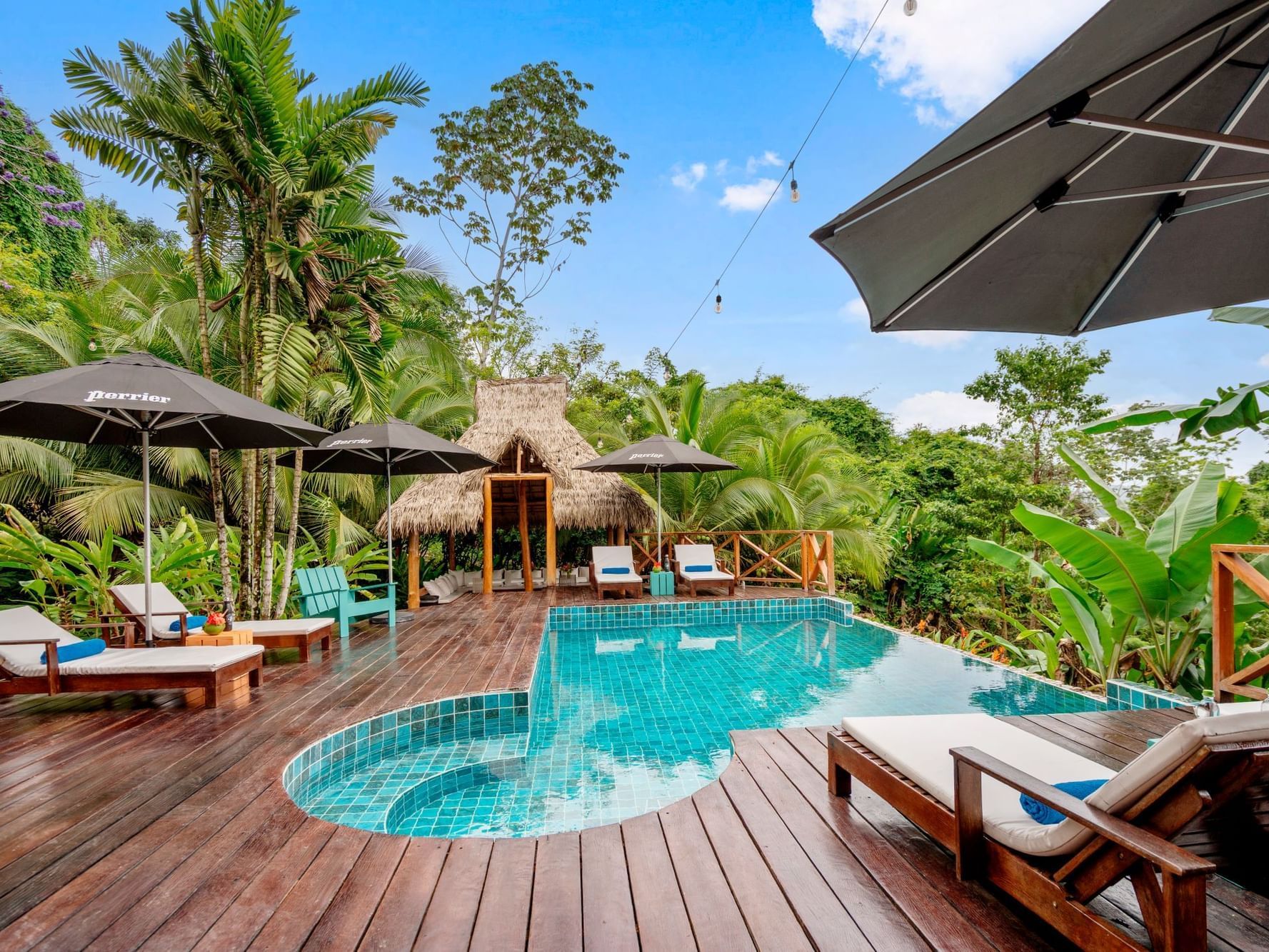 Tropical pool deck with lounge chairs, umbrellas, and thatched-roof cabana surrounded by lush greenery under blue sky