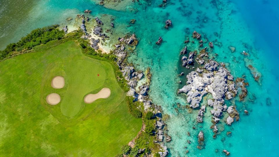 Aerial view of the golf court & sea at St George's Club Bermuda