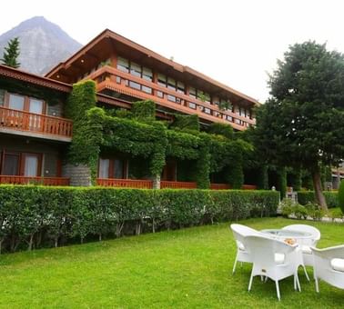 A lounge area outside the Hotel at Gilgit Serena Hotel