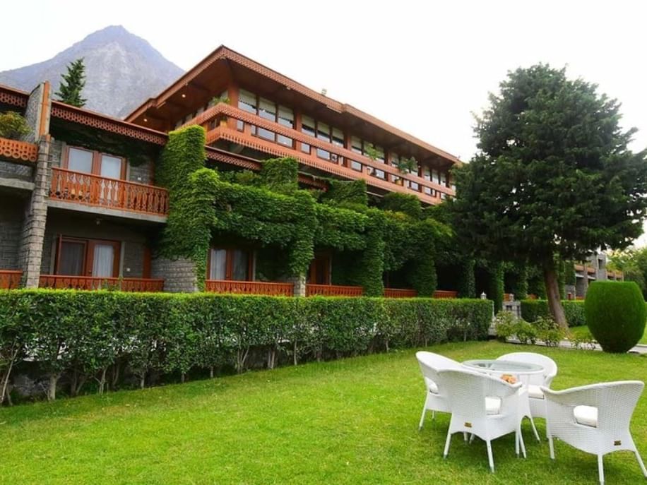 A lounge area outside the Hotel at Gilgit Serena Hotel