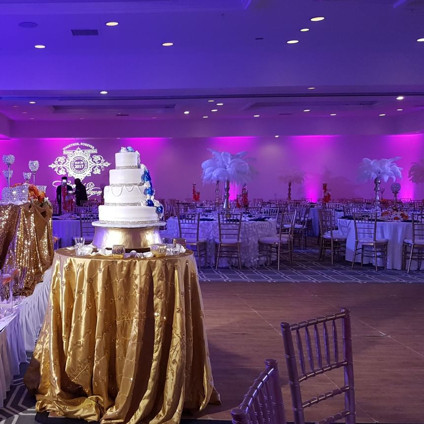 Wedding cake & banquets in Ballroom at Harborside Hotel