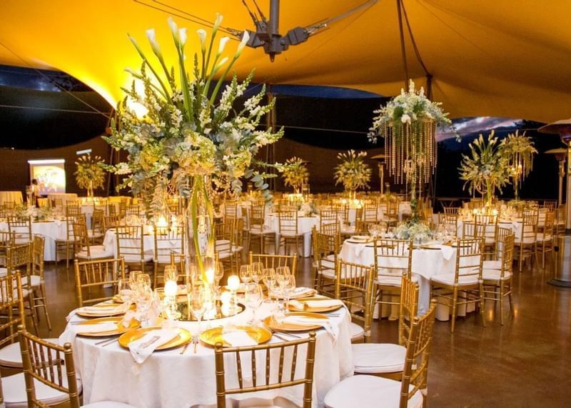 Elegant dining tables set for a wedding reception with golden chairs and floral centerpieces at Casa Santo Domingo