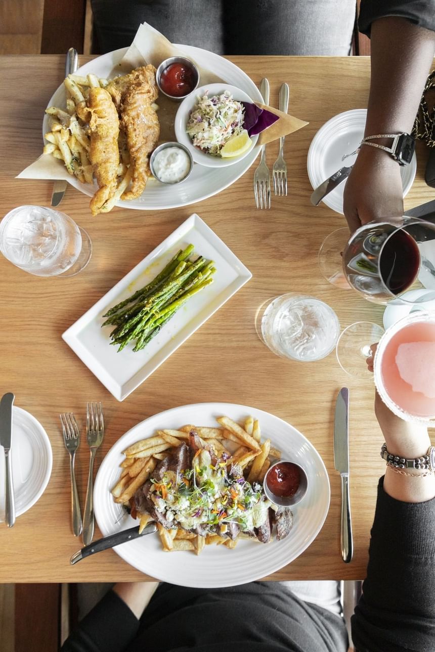 Top-view of a table with Fish and chips in The Restaurant at Alderbrook Resort & Spa