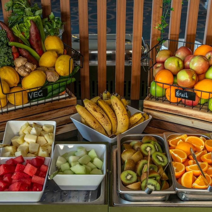 Assorted fresh fruits and vegetables on Buffet Breakfast in baskets and trays at Mercure Kooindah Waters